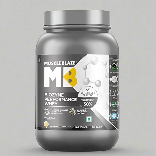 MuscleBlaze Biozyme Performance Whey protein powder container on a white background