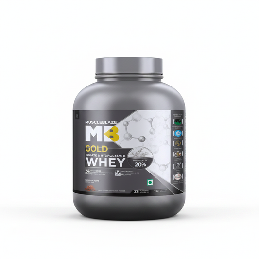 MuscleBlaze Whey Gold front view white background