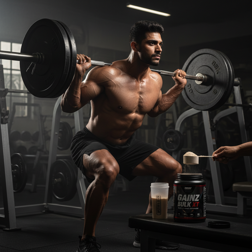 Muscular athlete bulking up in gym mass gainer supplement