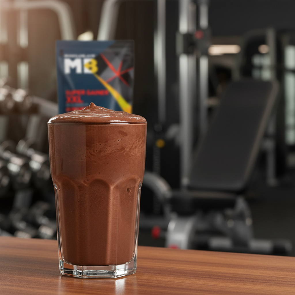MuscleBlaze Super Gainer XXL chocolate shake in glass gym