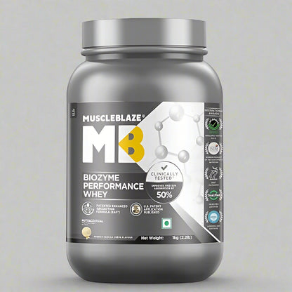 MuscleBlaze Biozyme Performance Whey protein powder container on a white background
