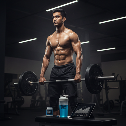 Fit athlete during intense gym workout amino acids supplement