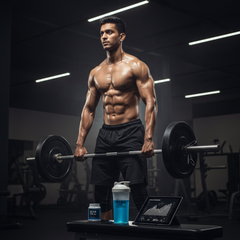 Fit athlete during intense gym workout amino acids supplement