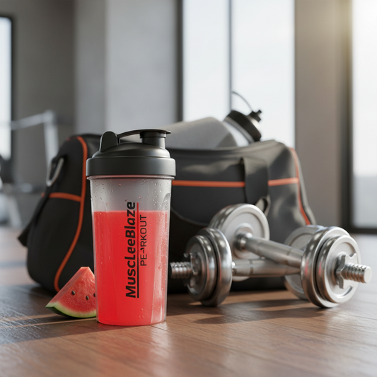 MuscleBlaze Pre-Workout watermelon drink in shaker bottle gym