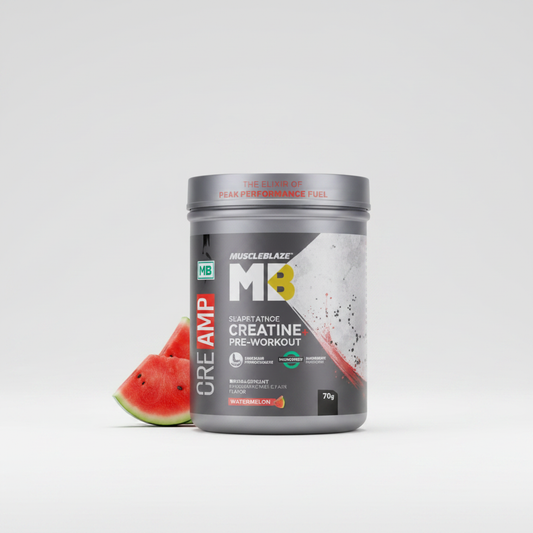 MuscleBlaze Pre-Workout Watermelon side angle studio shot