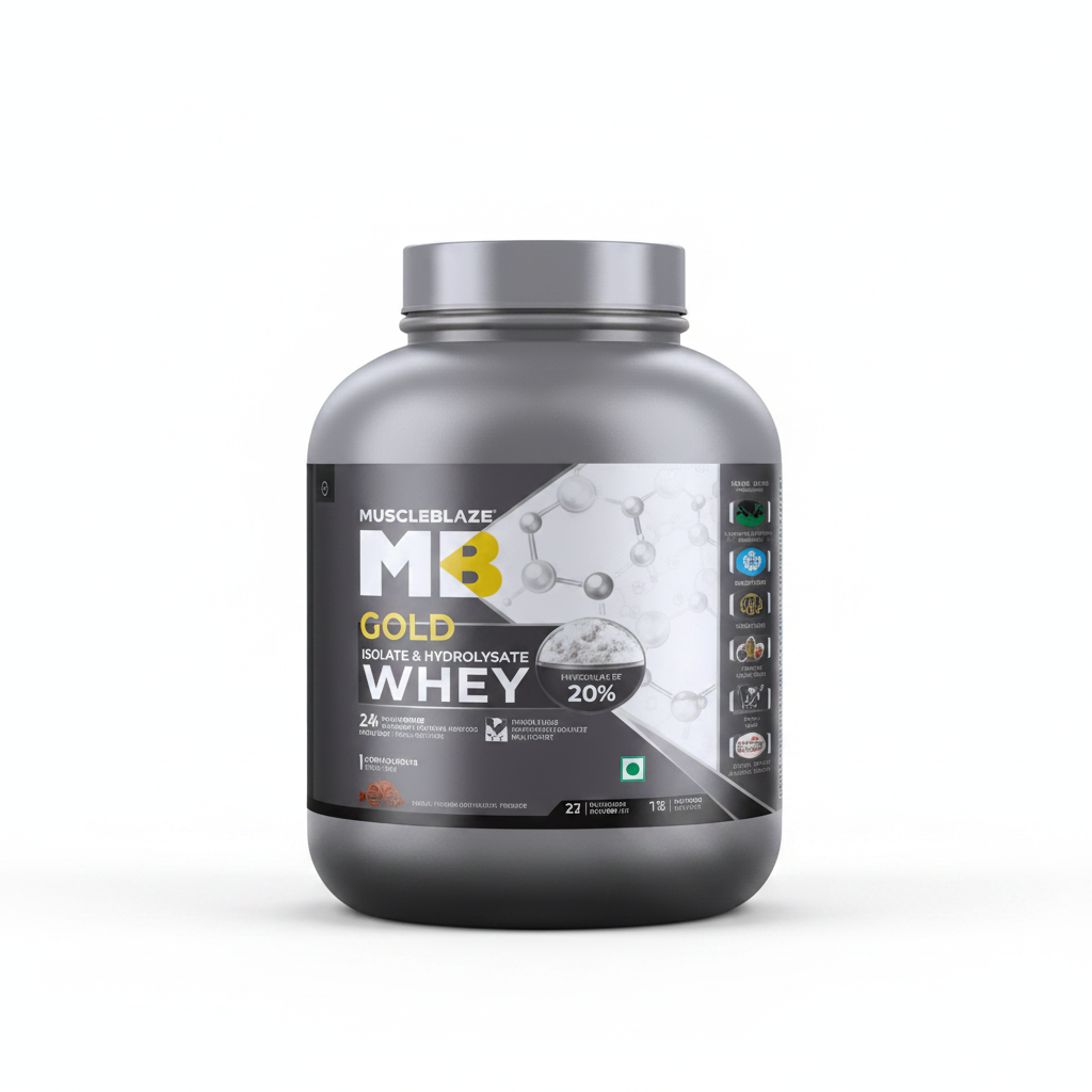 MuscleBlaze Whey Gold front view white background