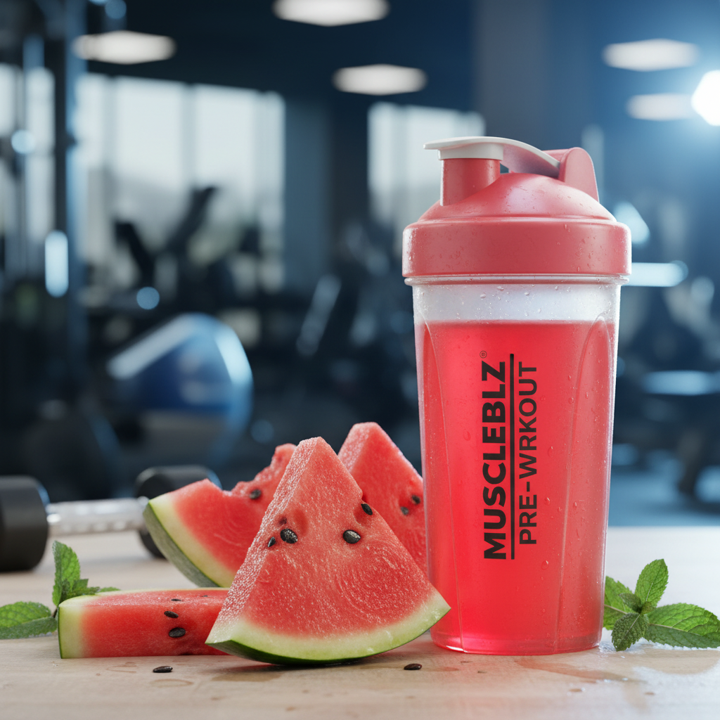 MuscleBlaze pre-workout watermelon drink in shaker bottle gym