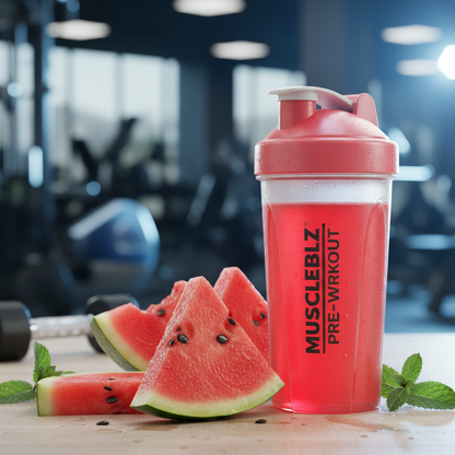 MuscleBlaze pre-workout watermelon drink in shaker bottle gym