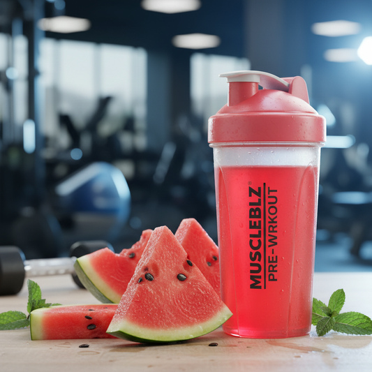 MuscleBlaze pre-workout watermelon drink in shaker bottle gym