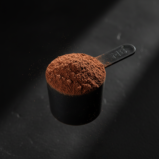 MuscleBlaze Biozyme Whey chocolate powder scoop macro shot