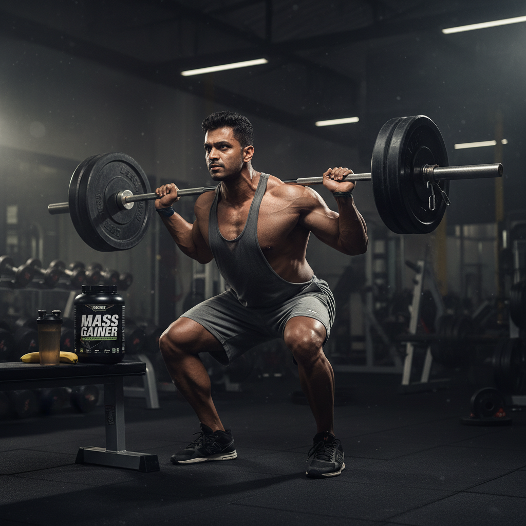 Muscular athlete doing heavy squats bulking mass gainer gym