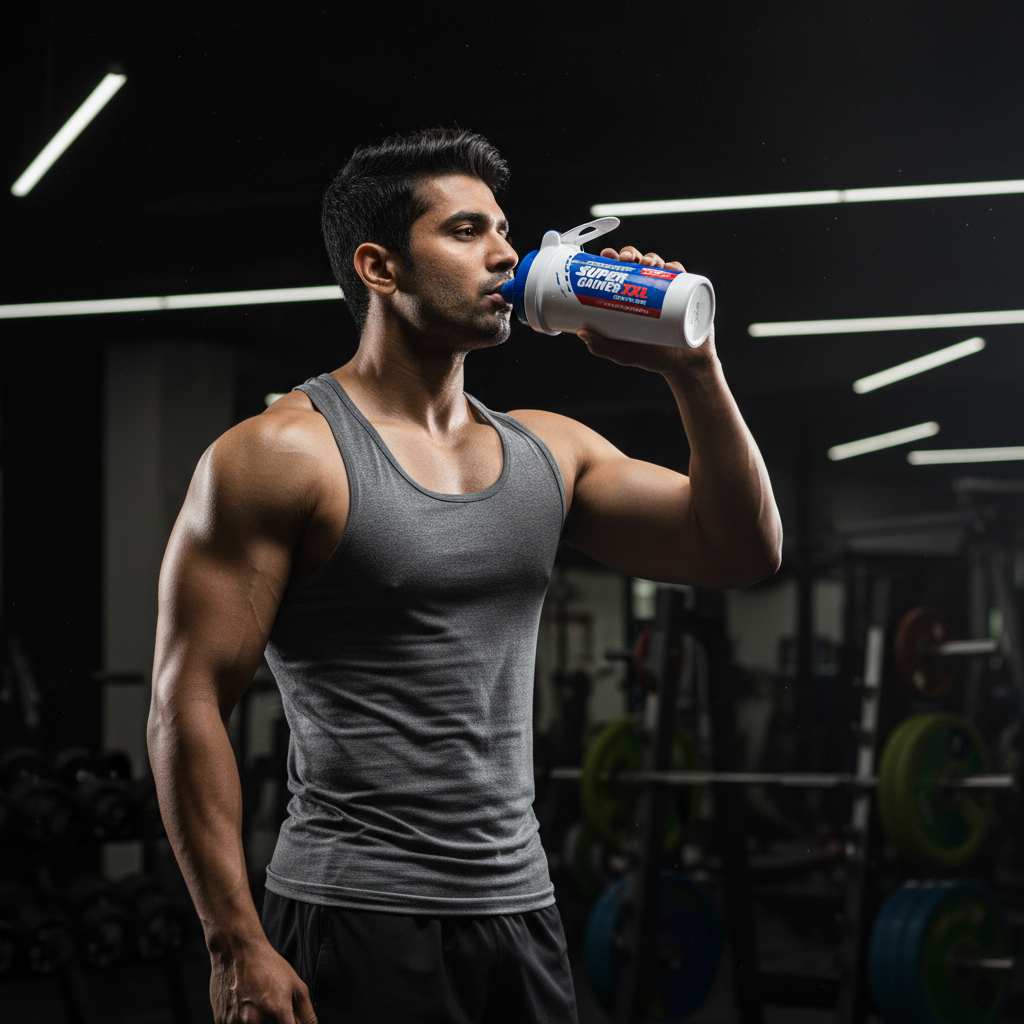Athlete using MuscleBlaze Super Gainer XXL in gym