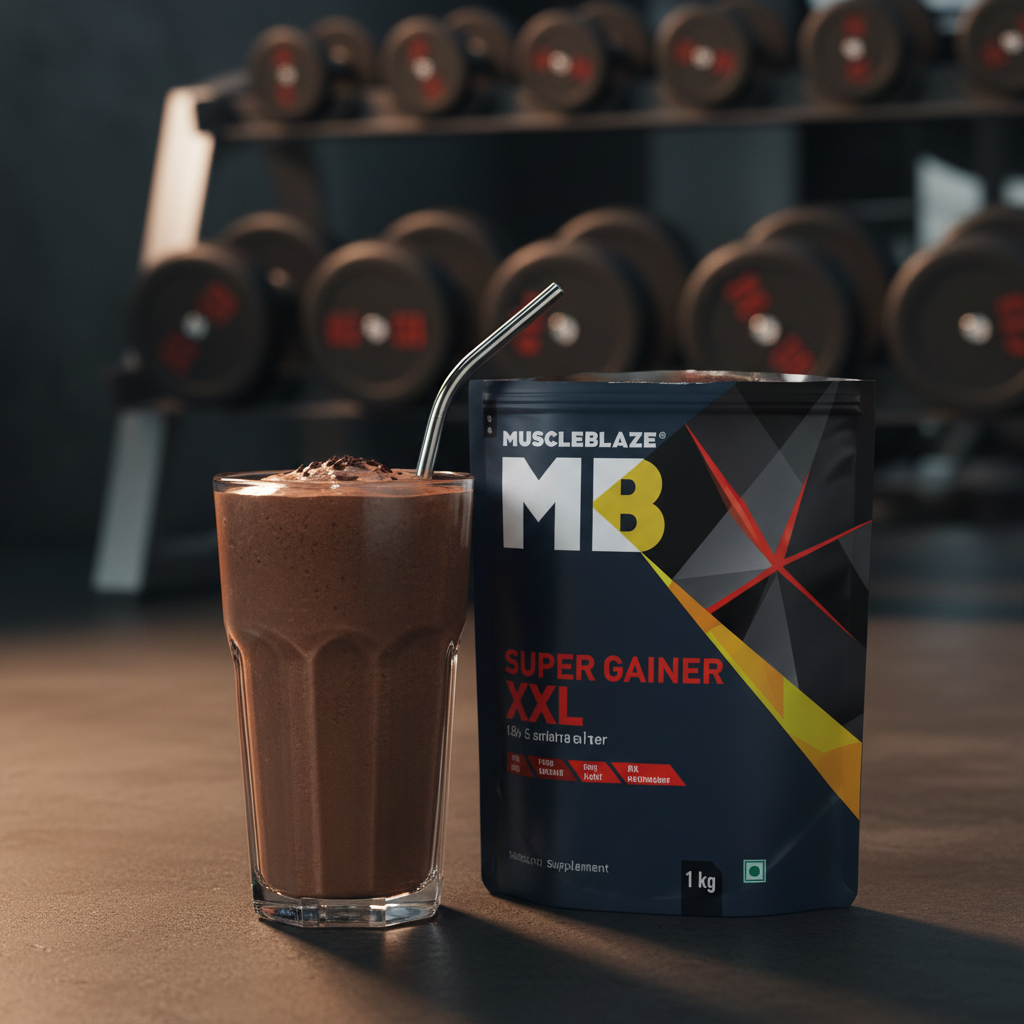 MuscleBlaze Super Gainer XXL chocolate shake in glass gym