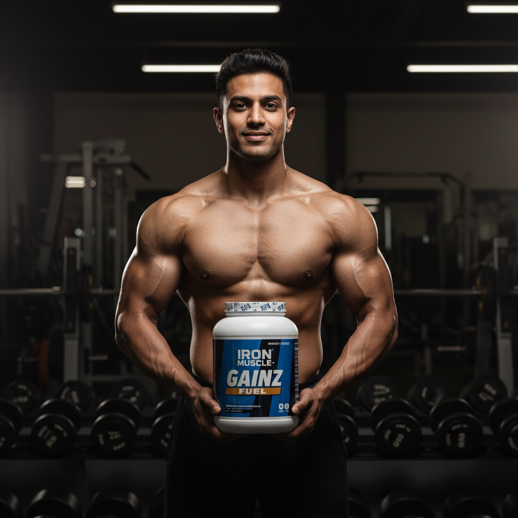Lean muscular athlete holding MuscleBlaze Biozyme Whey in gym