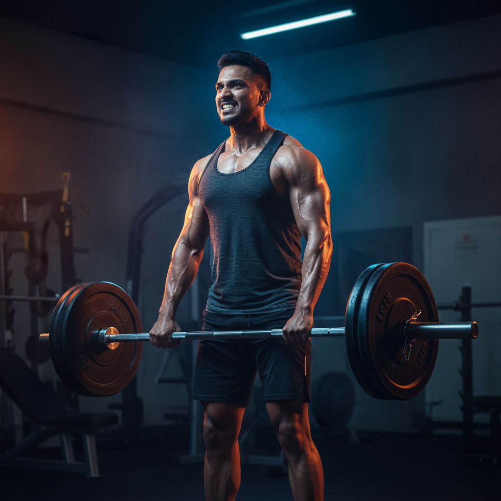 Intense athlete in gym pre-workout energy peak performance