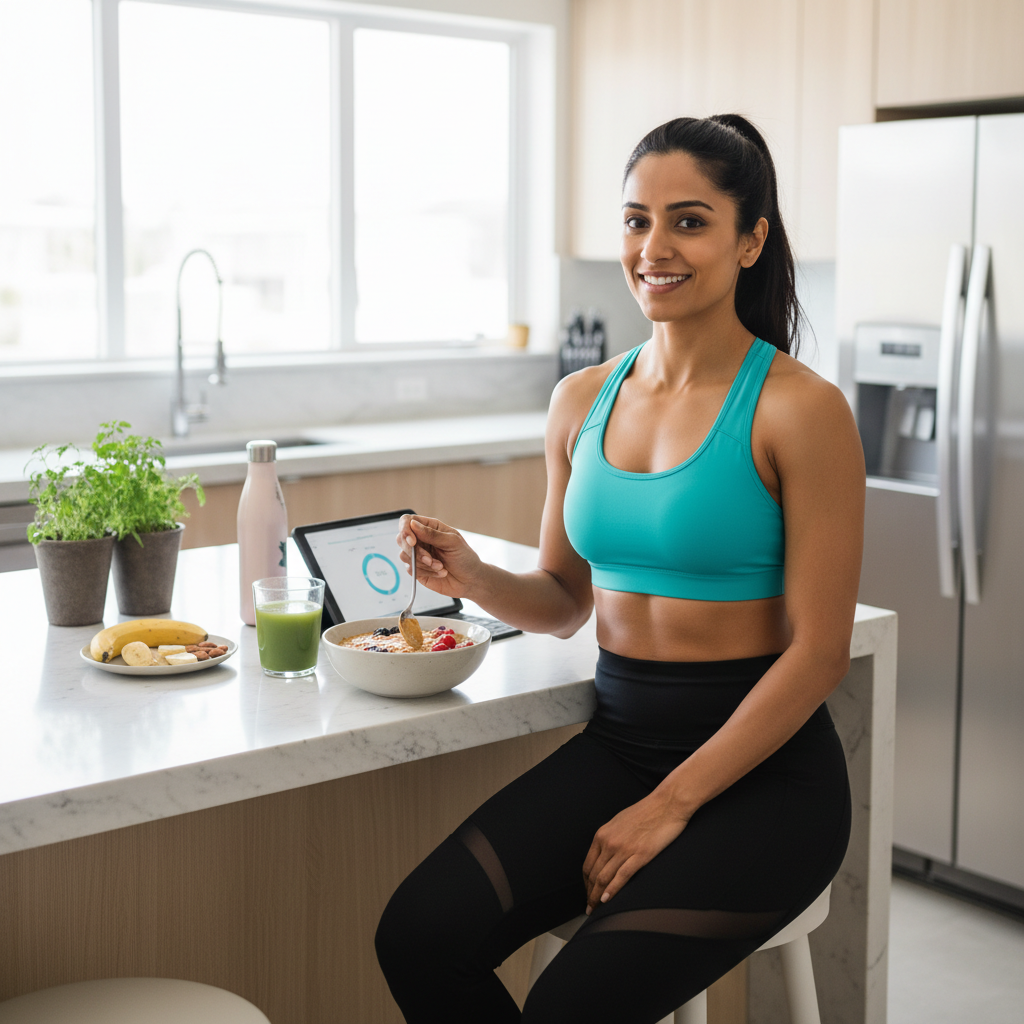 Fit woman enjoying MBfit healthy protein breakfast in modern kitchen