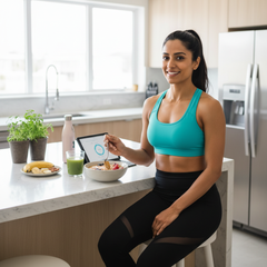 Fit woman enjoying MBfit healthy protein breakfast in modern kitchen
