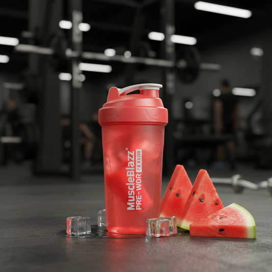 MuscleBlaze Pre-Workout watermelon drink in shaker bottle gym