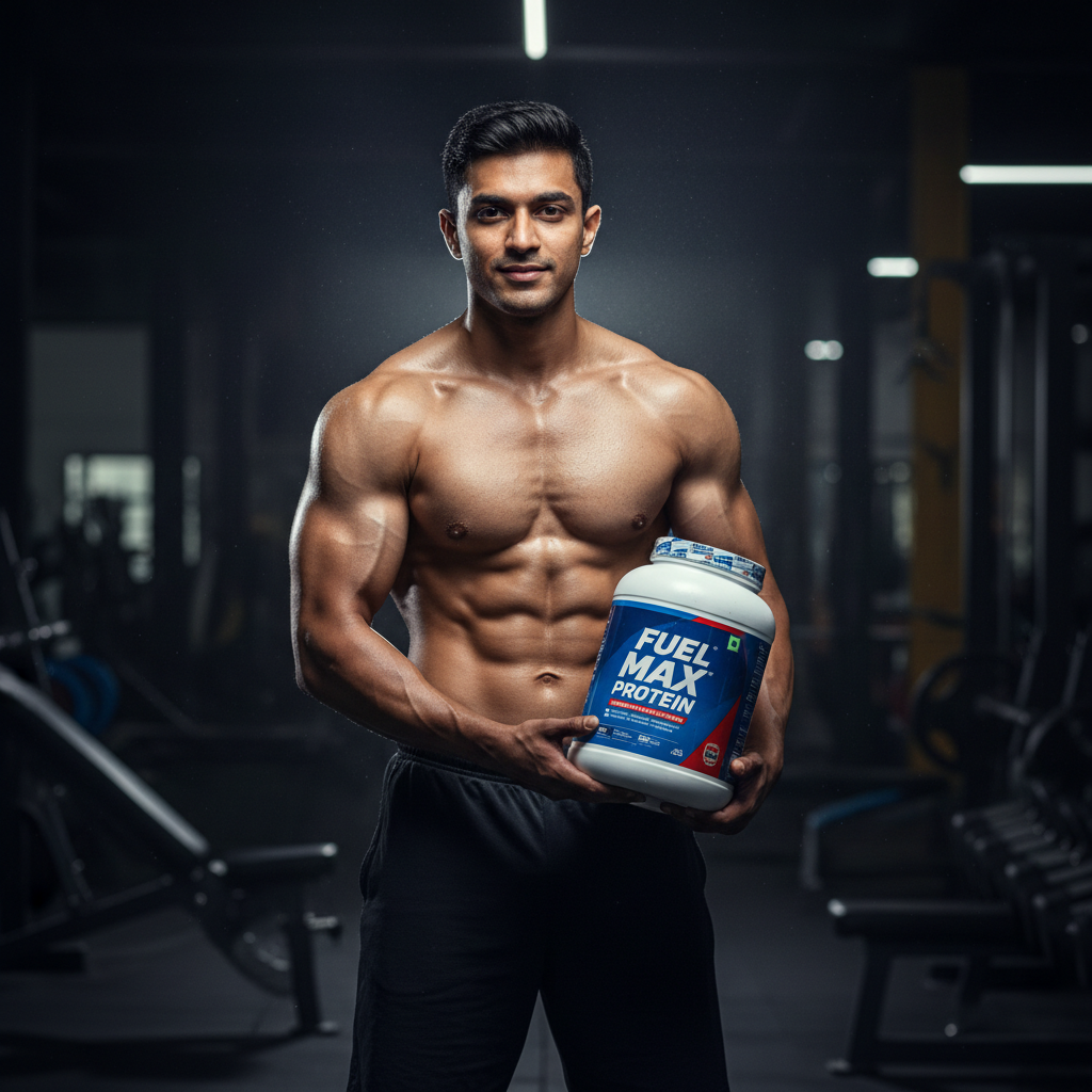 Lean muscular athlete holding MuscleBlaze Whey Gold in gym