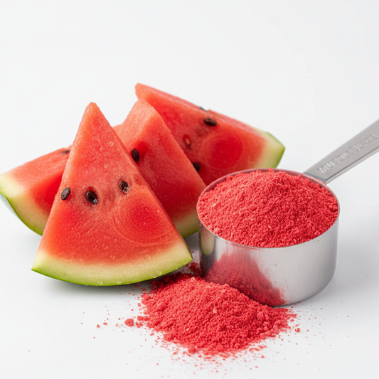 MuscleBlaze Pre-Workout watermelon powder scoop with fresh watermelon