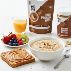 MBfit protein oats bowl with peanut butter toast healthy breakfast