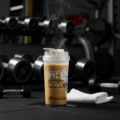 MuscleBlaze Whey Gold protein shake in shaker bottle gym