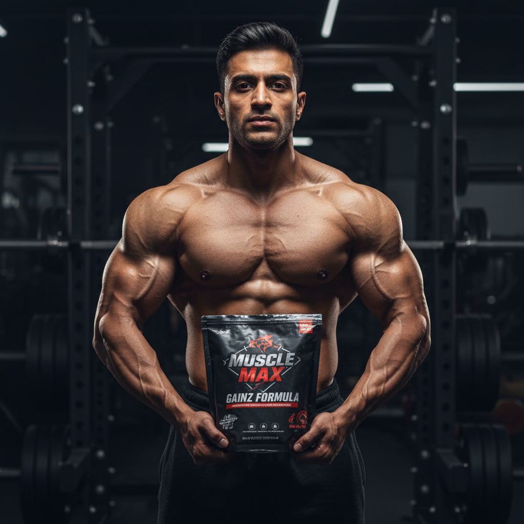 Muscular athlete holding MuscleBlaze Super Gainer XXL in gym