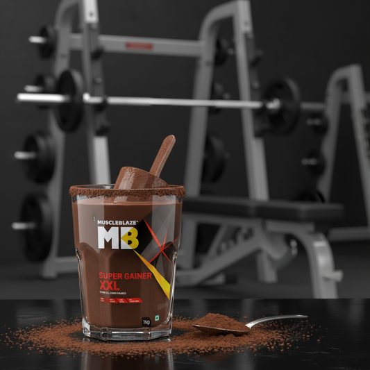 MuscleBlaze Super Gainer XXL dark chocolate shake with gym equipment
