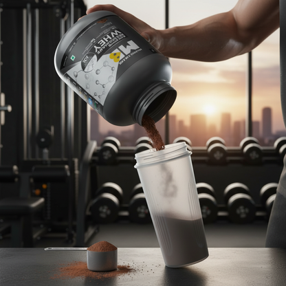 MuscleBlaze Biozyme Whey protein shake being poured into shaker