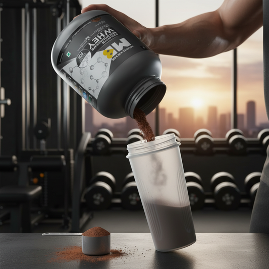MuscleBlaze Biozyme Whey protein shake being poured into shaker